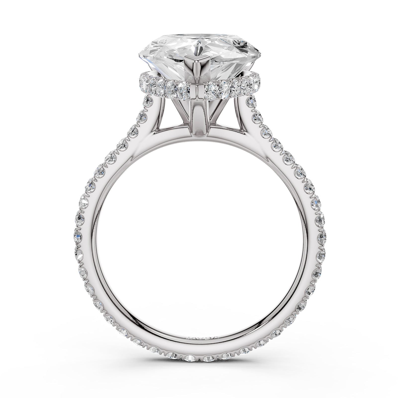 Cathedral Pear Halo French U Pave Set Diamond Engagement Ring